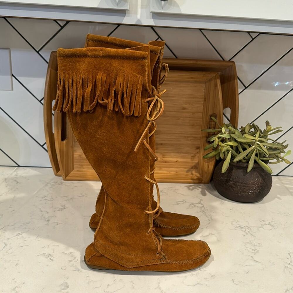 Minnetonka Brown  Suede Knee High Lace Up Moccasins festival  fringe size 7